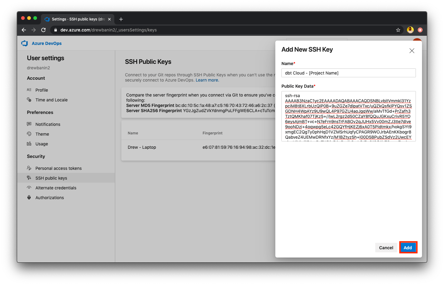 Enter and save the public key generated for your repository by dbt Cloud